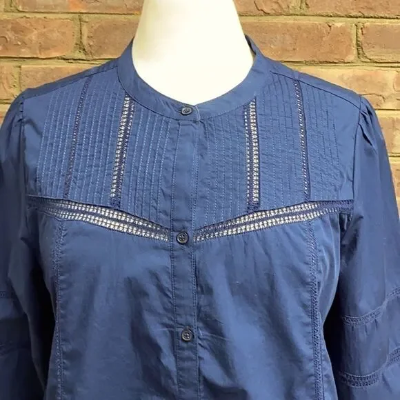 Lucky Brand Navy Long Sleeve Poplin Peasant Top - Picture 2 of 7